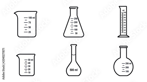 Bild auf Leinwand Laboratory glassware set including beakers and volumetric flasks.