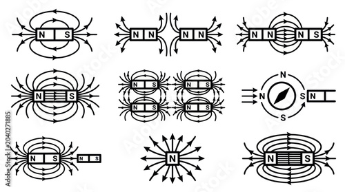 Bild auf Leinwand Magnetic field and physics magnetism line icon collection