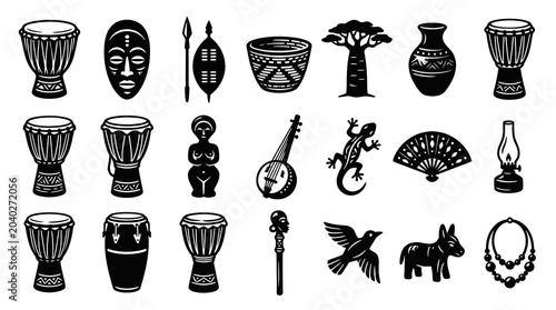 African Tribal Symbols Set Black and White Vector Icons - Drums, Mask, Art