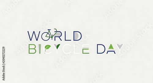 Minimalist bicycle day text with green leaf and bicycle featuring blue and green hues on white background, keywords: bicycle, day, cycling