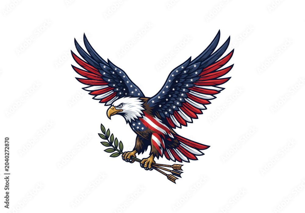 Fototapeta premium American bald eagle with wings spread holding olive branch and arrows red white blue png on transparent background