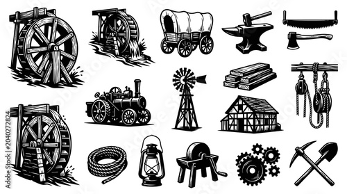 Vintage Industrial Revolution  Pioneer Tools Set - Black and White Engraving Style Line Art Icons