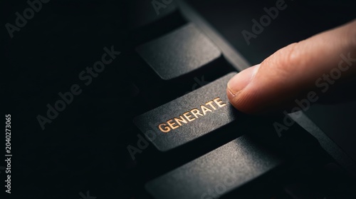 AI generate button enter key being pressed by a finger, activating artificial intelligence technology, modern cinematic style