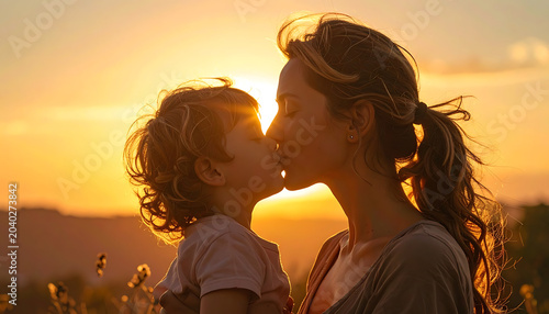 Mother kissing her child at sunset, warm golden light, outdoor meadow, silhouette, tender moment, family love, parenting, connection