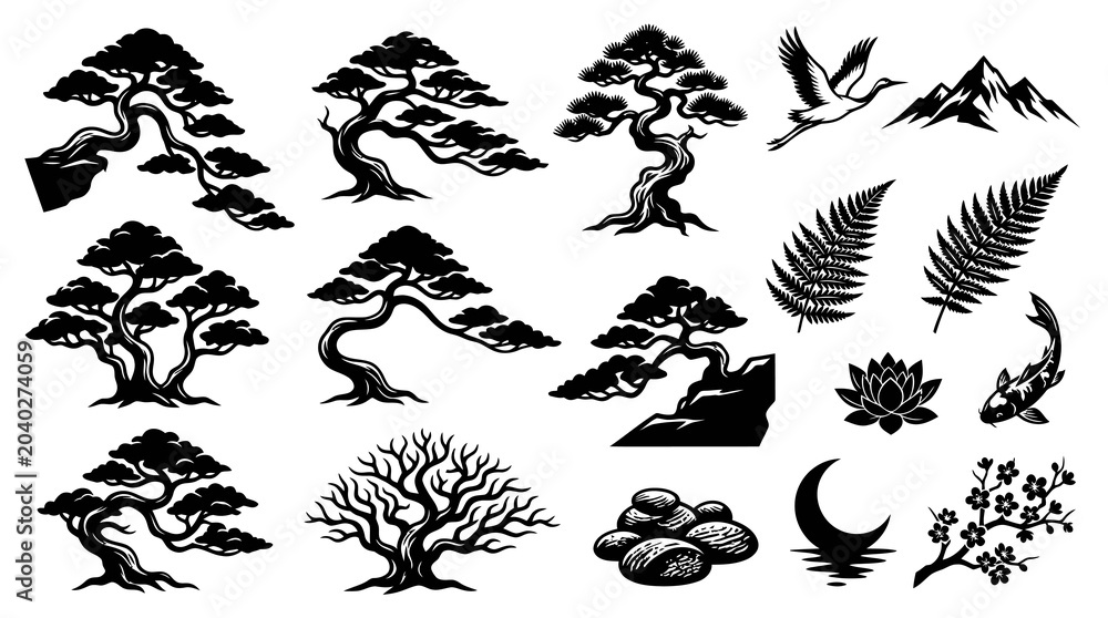 Fototapeta premium Japanese Asian Nature Symbols Vector Glyphs Set: Bonsai Trees, Crane, Koi, Lotus, Zen Stones, Cherry Blossoms