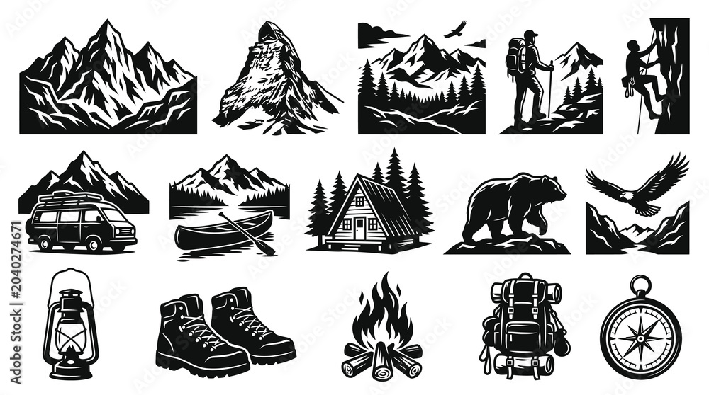 Fototapeta premium Outdoor Adventure and Camping Vector Illustration Set - Monochrome Nature, Hiking, and Wilderness Elements