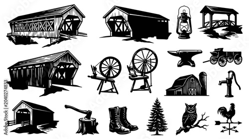 Rural Vintage Barns Bridges  Farm Equipment Black and White Icons