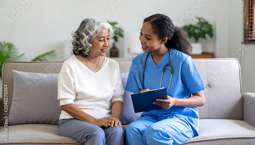 Nurse consulting with an elderly woman about medical results on a clipboard, discussing healthcare and patient care