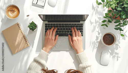 Overhead view of hands typing on a laptop keyboard on a white desk, with coffee, notebook, and plant, ideal for remote work or study