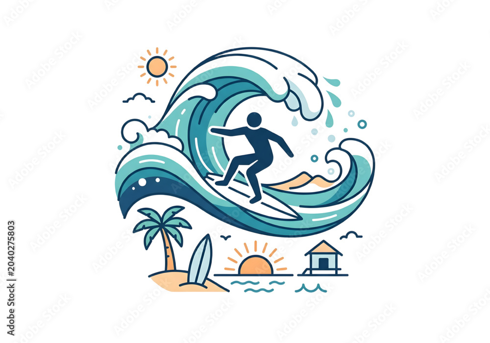 Naklejka premium blue and green surfer riding wave png on transparent background
