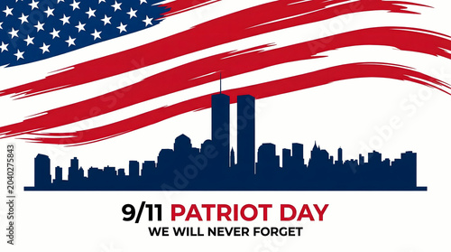 Patriot Day 9/11, American flag and NYC skyline