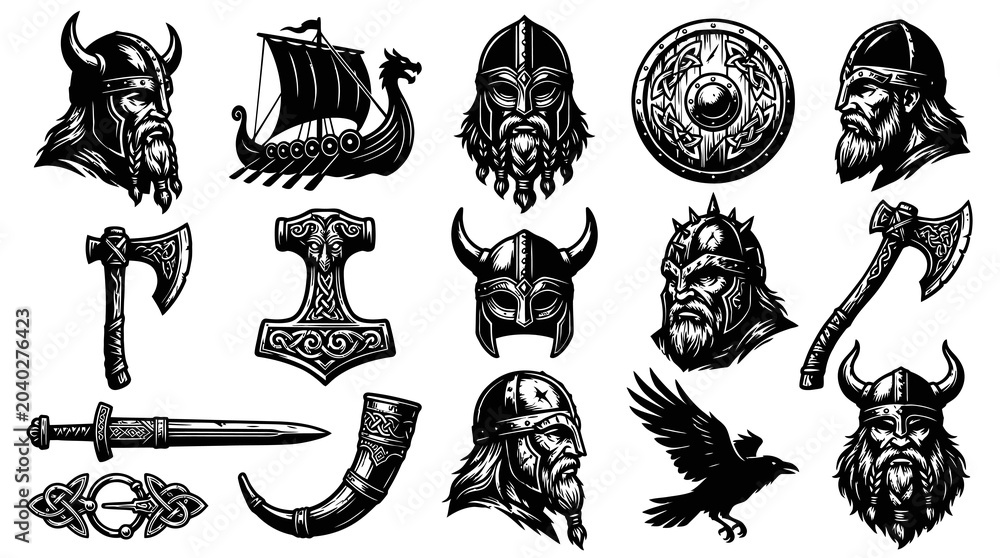 Obraz premium Detailed Black and White Engraving Style Viking Norse Icons Set: Warriors, Helmets, Axes, Ship, and Shield