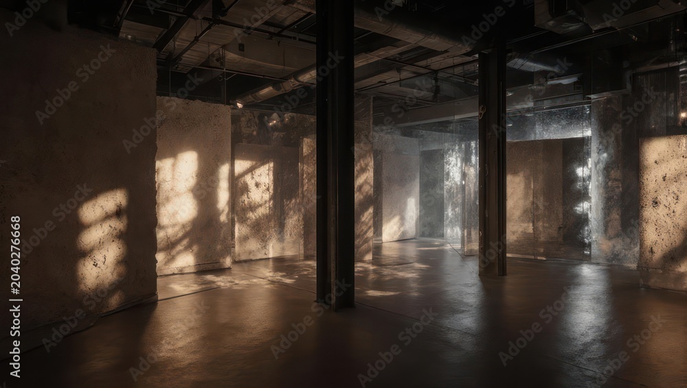 Fototapeta premium Sunlit Interior Space with Pillars and Shadow Play.