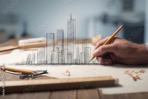 Architects Hand Sketching City Skyline on Paper with Pencil