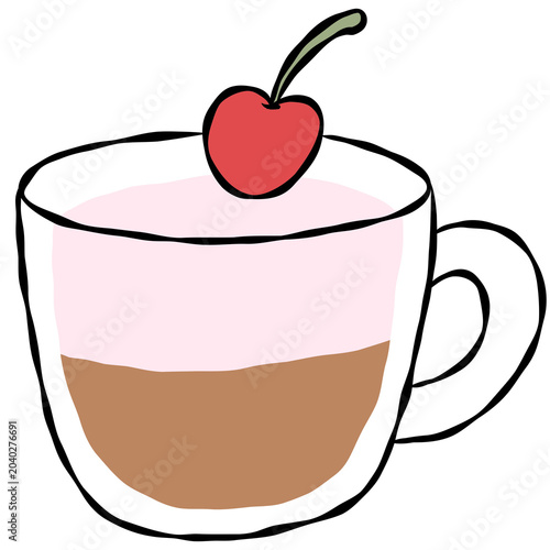 Hand-drawn coffee cup with cherry topping, cute illustration