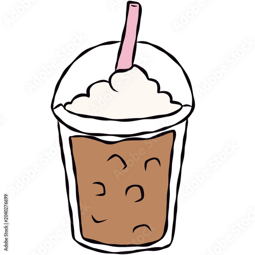 Hand-drawn iced coffee in a takeaway cup with straw