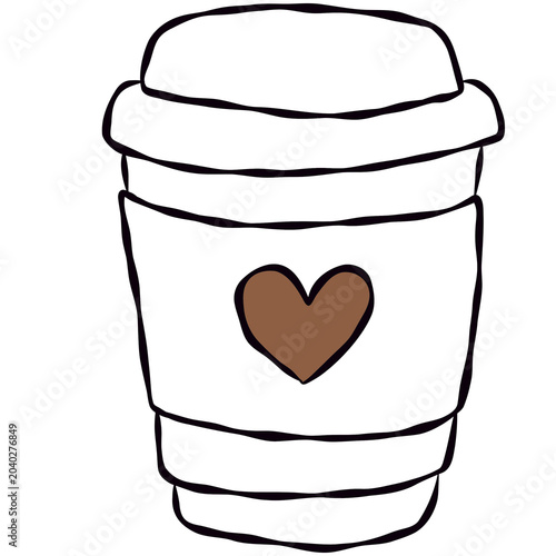 Hand-drawn coffee cup with heart symbol, cute takeaway beverage illustration