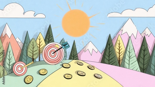 Business Goals Target, Coins, and Sunny Landscape Illustration