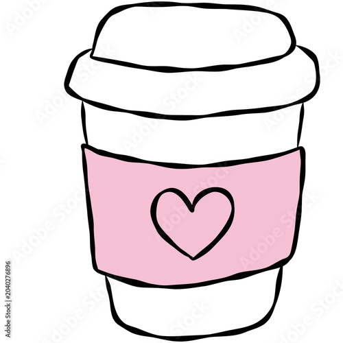 Hand-drawn coffee cup with heart symbol, cute takeaway beverage illustration
