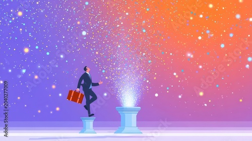 Businessman Ascending to Success with Sparkling Light Illustration