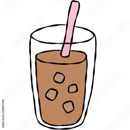 Hand-drawn iced coffee in a takeaway cup with straw