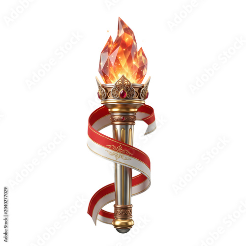 Torch Flame Victory Ornate Golden Trophy with Red Ribbon 3D Render