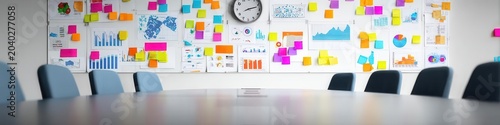 Business Meeting Data Charts, Sticky Notes, Clock, and Chairs