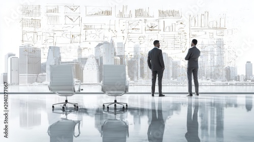 Businessmen Contemplating Cityscape with Office Chairs and Sketches