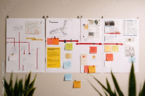 Business Process Flowchart and Planning Board with Sticky Notes