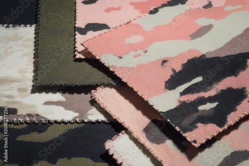Camouflage Fabric Samples Modern Pink, Black, and Green Designs