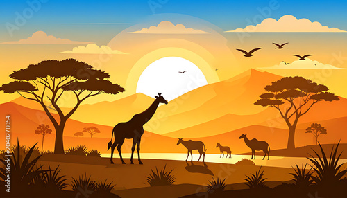 Pixel art African savanna landscape at sunset with giraffes and antelopes, golden hour sky, mountains, acacia trees, peaceful wildlife scene