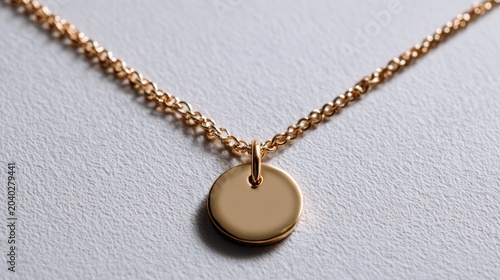 Elegant gold chain necklace with round mother-of-pearl pendant, displayed on textured surface with soft lighting. Perfect for luxury jewelry branding, wedding accessories, or minimalist fashion editor