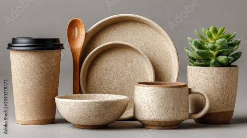 Rustic handmade ceramic tableware set with wood accents — bowls, plates, mugs, and travel cup in earthy tones. Perfect for eco-friendly lifestyle, café branding, or artisanal home decor visuals.