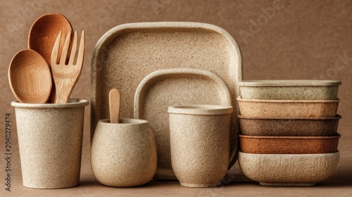 Rustic handmade ceramic tableware set with wood accents — bowls, plates, mugs, and travel cup in earthy tones. Perfect for eco-friendly lifestyle, café branding, or artisanal home decor visuals.