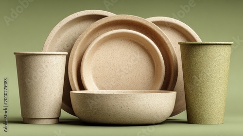 Rustic handmade ceramic tableware set with wood accents — bowls, plates, mugs, and travel cup in earthy tones. Perfect for eco-friendly lifestyle, café branding, or artisanal home decor visuals.