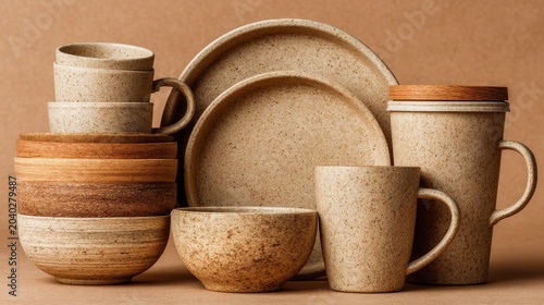 Rustic handmade ceramic tableware set with wood accents — bowls, plates, mugs, and travel cup in earthy tones. Perfect for eco-friendly lifestyle, café branding, or artisanal home decor visuals.