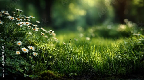 Dreamy close-up of white wildflowers in lush green grass, bathed in soft sunlight with glowing bokeh and shallow depth of field. Peaceful, nature-inspired, and healing visual for mindfulness, spring, 
