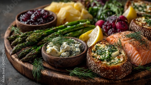Gourmet charcuterie board with grilled salmon, roasted asparagus, brie and blue cheese, red onion, lemon, and herbs on rustic wooden tray. Perfect for fine dining, healthy meals, and food photography.