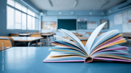 Open Textbook on Desk in Classroom Environment with Desks and Chalkboard in Background