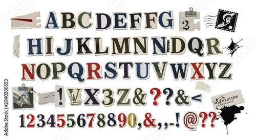Photos Vintage ransom note alphabet vector set, torn newspaper letters and numbers, ret