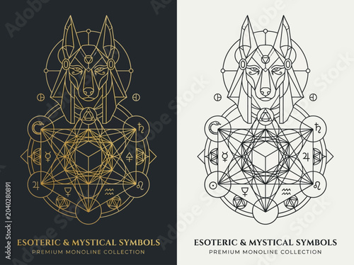 Photos Ancient Egyptian Anubis God with Sacred Geometry and Alchemical Symbols, Esoteri