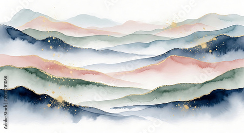 Abstract Watercolor Mountain Landscape Background with Gold Foil Accents Minimalist Wavy Hill Pattern in Pastel Pink and Navy Blue Modern Zen Nature Wall Art Design
