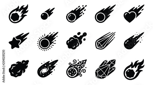 Konstfotografi Collection of stylized meteor and comet icons with trails, representing space phenomena and celestial bodies