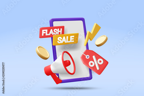 Obraz na płótnie 3d vector smartphone with flash sale advertising elements featuring promotion lo