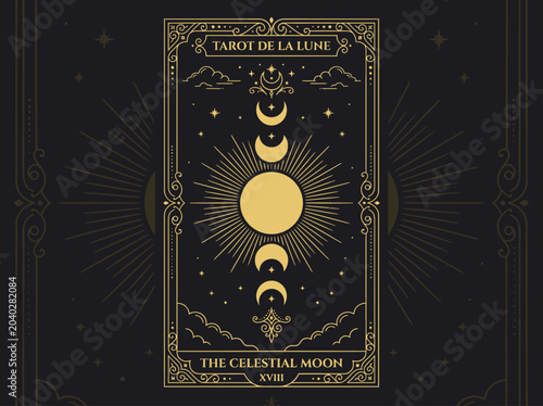 Schilderij op canvas Elegant Golden Celestial Moon Tarot Card Illustration with Moon Phases and Mysti