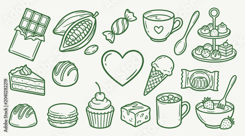Foto A collection of hand-drawn line art illustrations featuring various sweet treats, desserts, chocolates, and beverages like coffee and hot chocolate, all in a monochrome green outline style