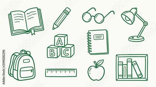 Bild auf Leinwand Green doodle style illustrations of various school supplies and educational items including books, a pencil, glasses, a lamp, a backpack, and ABC blocks