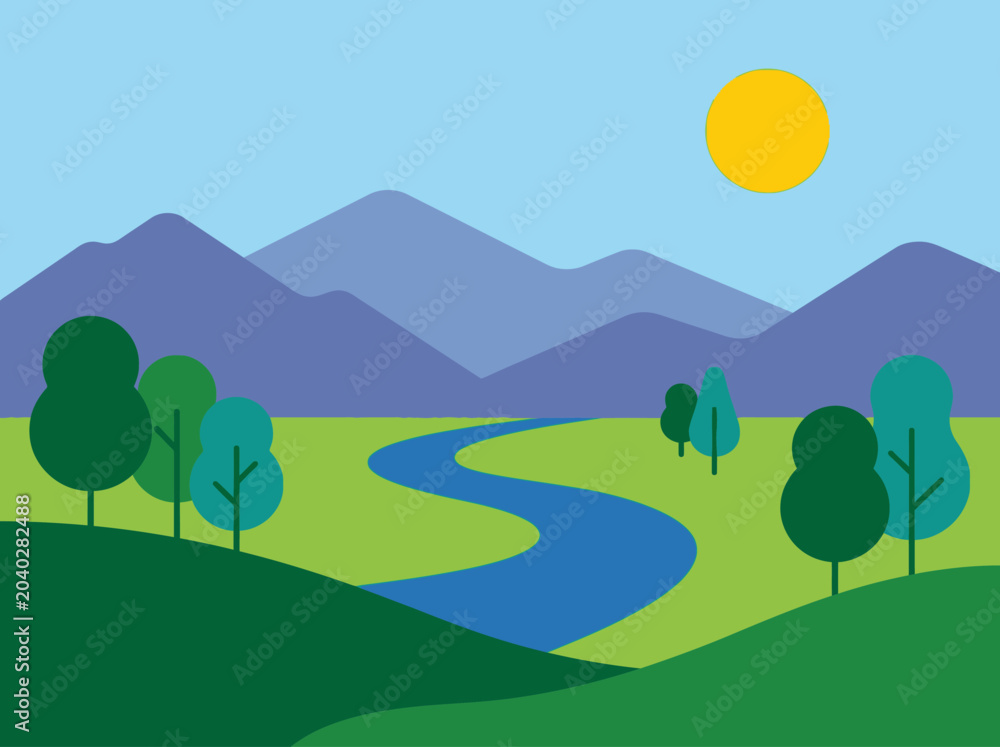 Fototapeta premium Minimalist Landscape Illustration with Winding River and Purple Mountains under a Sunny Sky