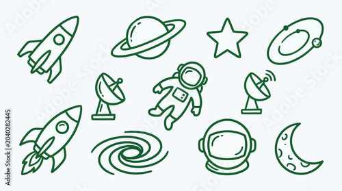 Fotografie Collection of green outline space-themed icons including rockets, planets, astronauts, stars, moon, and satellite dishes on a white background