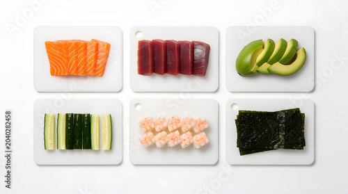 Sushi Ingredients: Fresh salmon slices, tuna cubes, avocado wedges, cucumber sticks, cooked shrimp, and nori seaweed are neatly arranged on white cutting boards.